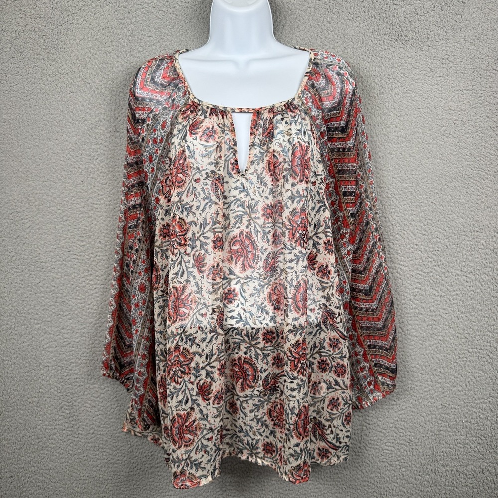 Lucky Brand Top Women 3X Cream Floral Sheer Keyhole Neck Boho Hippie Lightweight